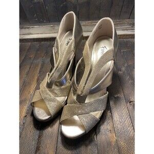 Fioni Night Women's Sz 7.5 Gold Sparkle Open Toe Pumps